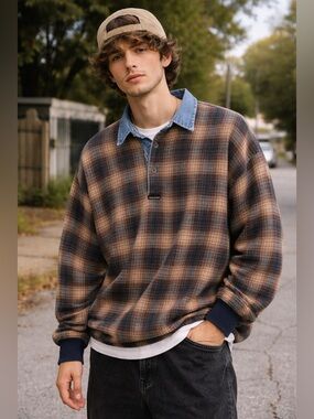 Vintage Structure Plaid Pullover Shirt Mens Large Denim Collar Grunge 90s